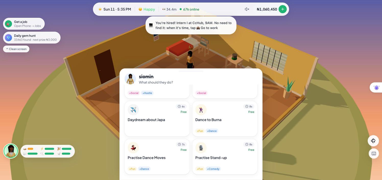 The in-game action menu showing WhatsApp Hustle which earns naira